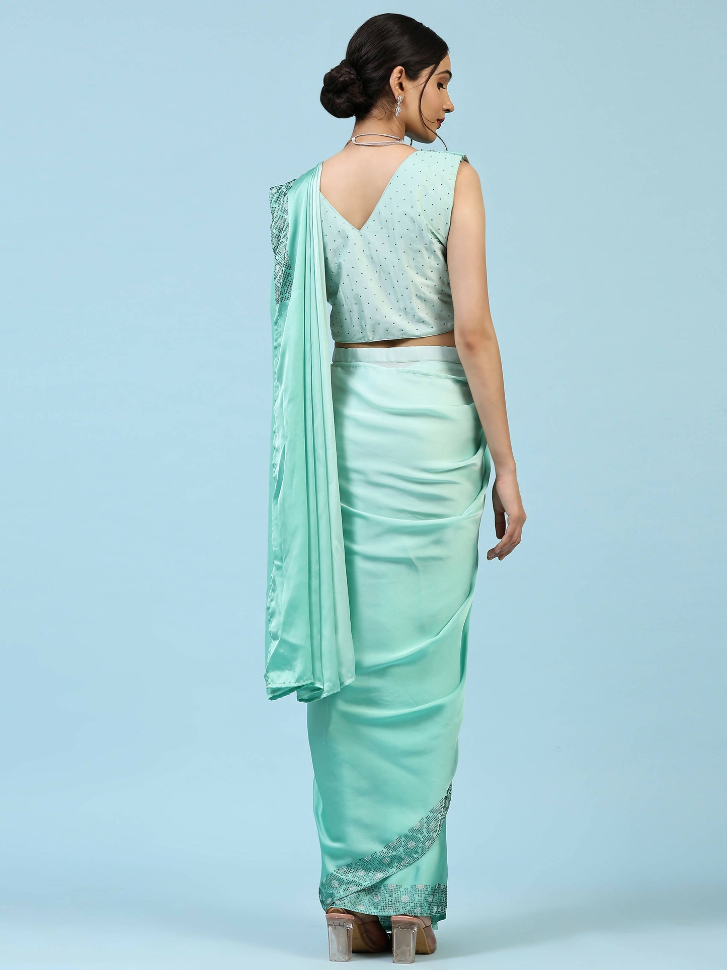 Sea Green Ombre Satin Georgette Plain Ready to wear Saree with stitched Blouse - Vrinda | Swadesiicart