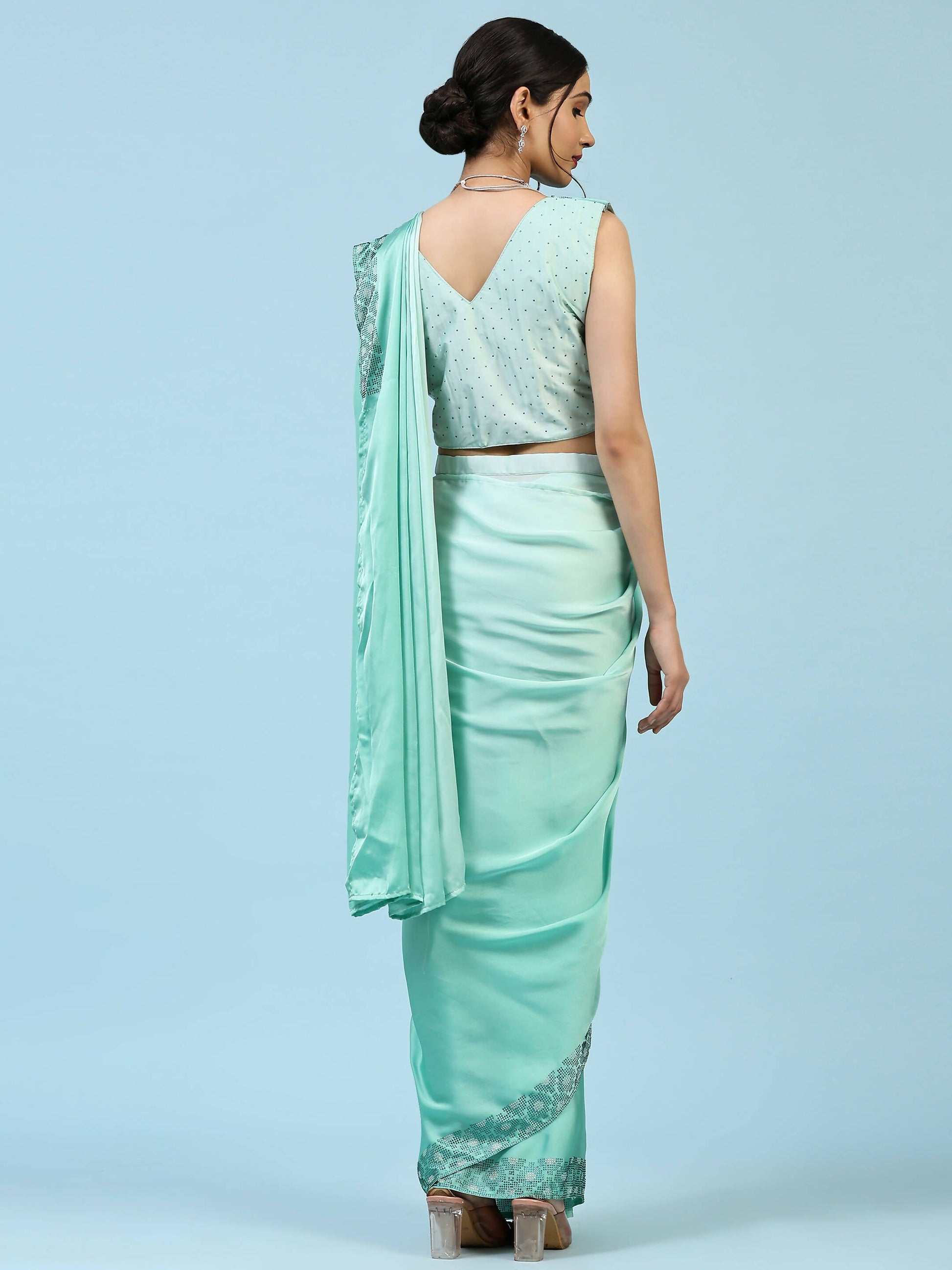 Sea Green Ombre Satin Georgette Plain Ready to wear Saree with stitched Blouse - Vrinda | Swadesiicart