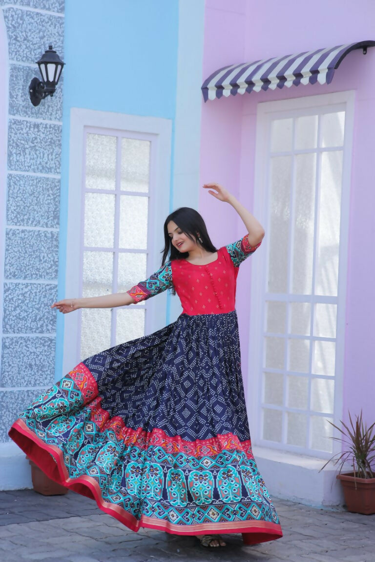 Jyoti Fashion Women's Navy Blue Patola with Foil Print Dola Silk Anarkali Dress | Swadesiicart