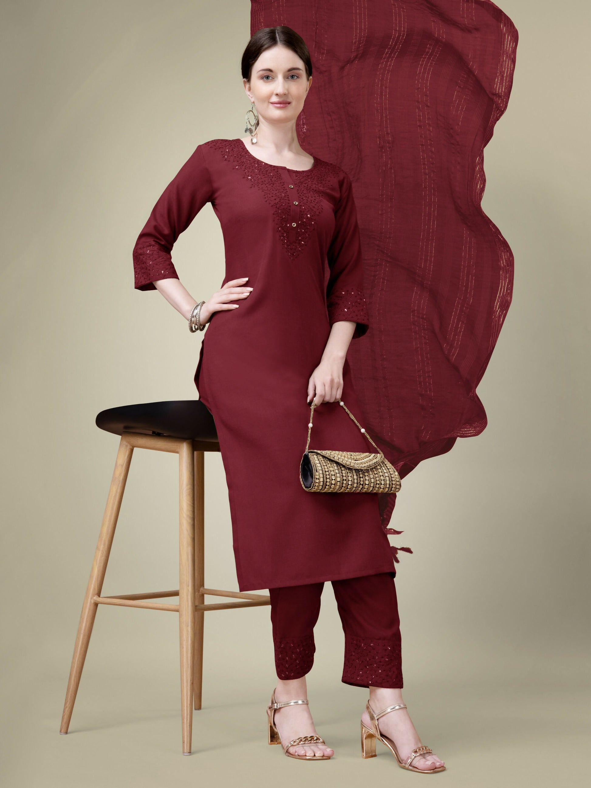 Jyoti Fashion Women's Maroon Cotton Blend Embroidery & Sequence work Kurta with Trouser & Dupatta | Swadesiicart