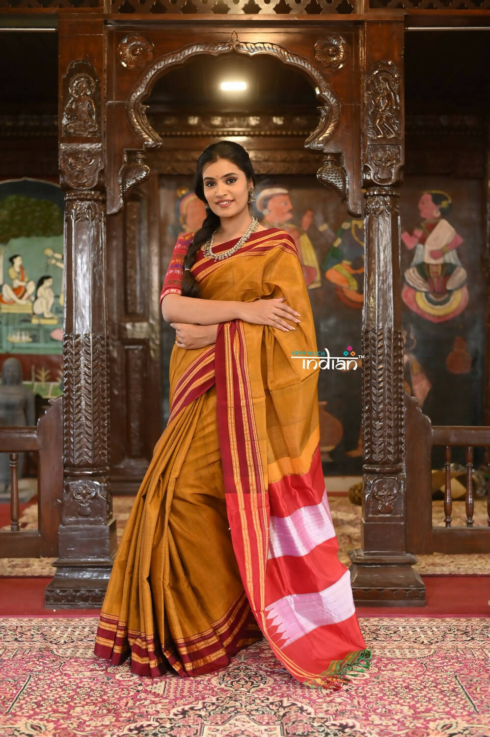 Very Much Indian Handloom Cotton Viscose Ilkal Saree Bright Beige Yellow | Swadesiicart