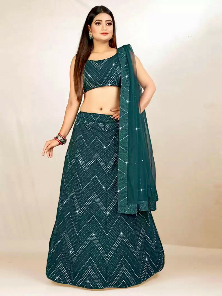 Jyoti Fashion Classy Bottle Green Georgette 3MM Sequins with Thread Embroidery Lehenga Choli with Dupatta | Swadesiicart