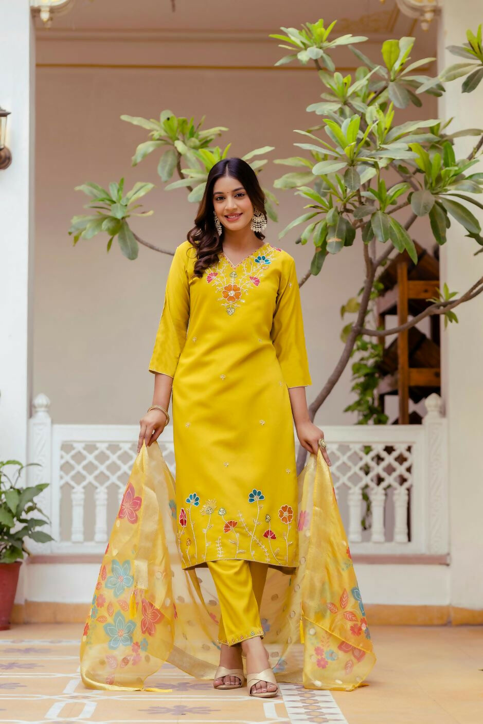 The52 Yellow Women's Gorgeous Embroidered work Viscose Gadhwal Fabric Straight Kurta, Pant and Dupatta Set - Swadesiicart