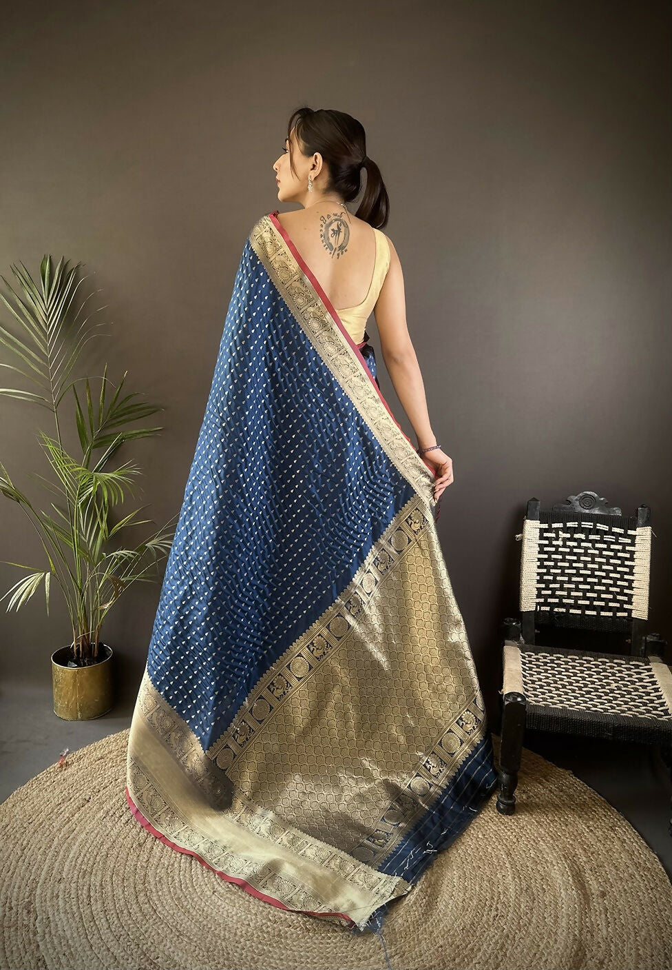 Joban Fashion Navy Blue Small Butti Banarasi Silk Sarees | Swadesiicart