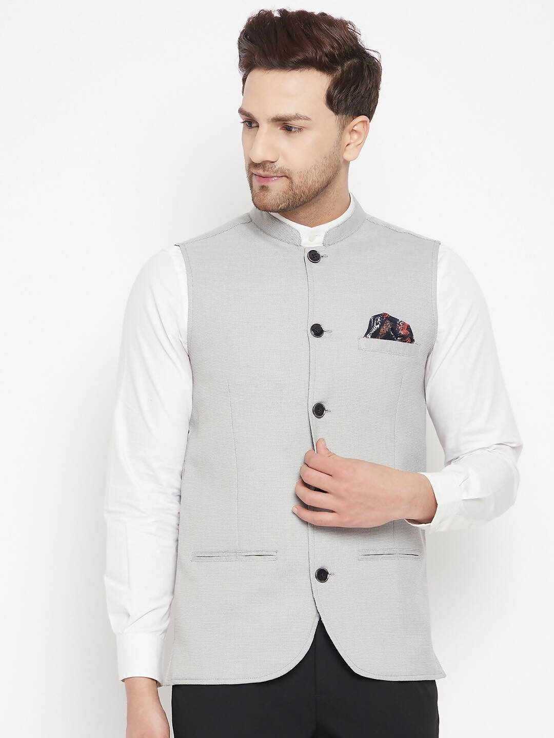 Even Apparels Grey Merino Men's Nehru Jacket-Contrast Lining-Free Pocket Square | Swadesiicart