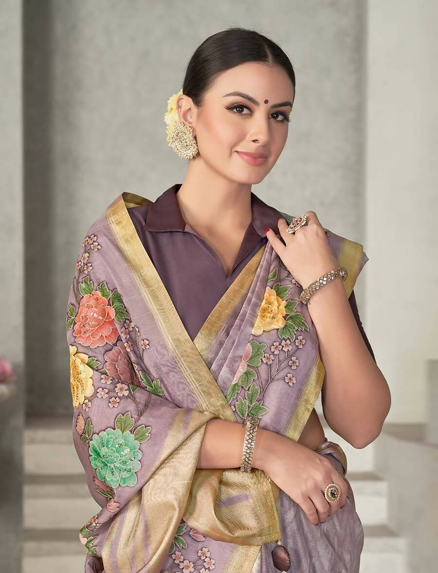 Lavendar Rangkat Tussar Silk Woven Design Saree with Unstitched Blouse - Mohmanthan Eshani | Swadesiicart