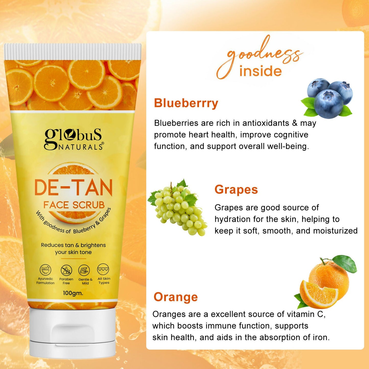 Globus Naturals De Tan Face Scrub, Suitable For All Skin Types | Swadesiicart