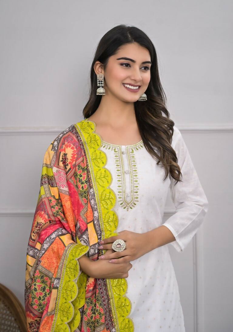 White Viscose Silk Embroidery with Thread and sequence Stitched Suit With Dupatta - Tanisha | Swadesiicart