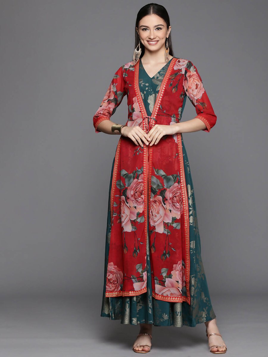 Ahalyaa Women's Green Crepe Gold Smoke Printed Dress | Swadesiicart