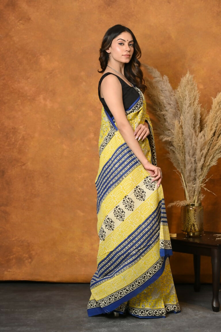 Very Much Indian Handblock Printed Cotton Saree With Natural Dyes - Green | Swadesiicart