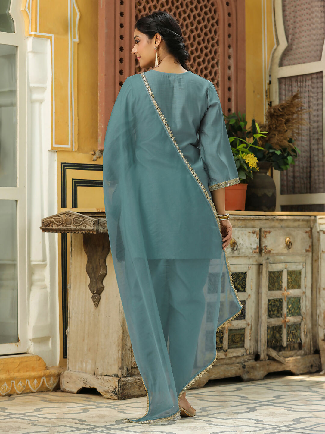 Janasya Light Blue Silk Blend Solid Kurta,Bottom & Dupatta | Swadesiicart