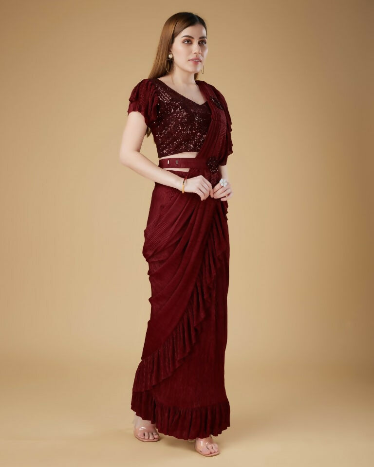 Maroon Imported Crush Solid Ready to Wear Saree with stitched Blouse - Aayan | Swadesiicart