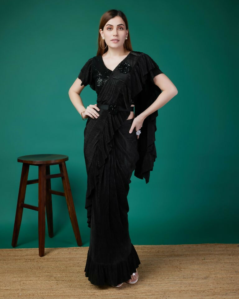 Black Imported Crush Solid Ready to Wear Saree with stitched Blouse - Aayan | Swadesiicart
