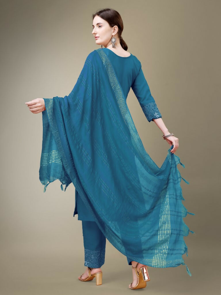 Jyoti Fashion Women's Morpich Cotton Blend Embroidery & Fancy Lace work Kurta with Trouser & Dupatta | Swadesiicart