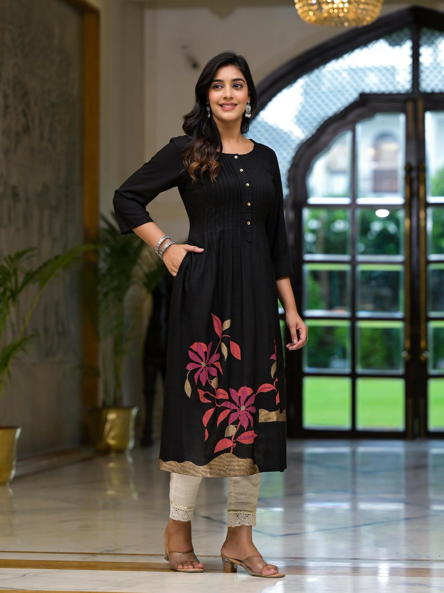 Juniper Women's Black Floral Printed Rayon Kurta With Button Closure - Swadesiicart