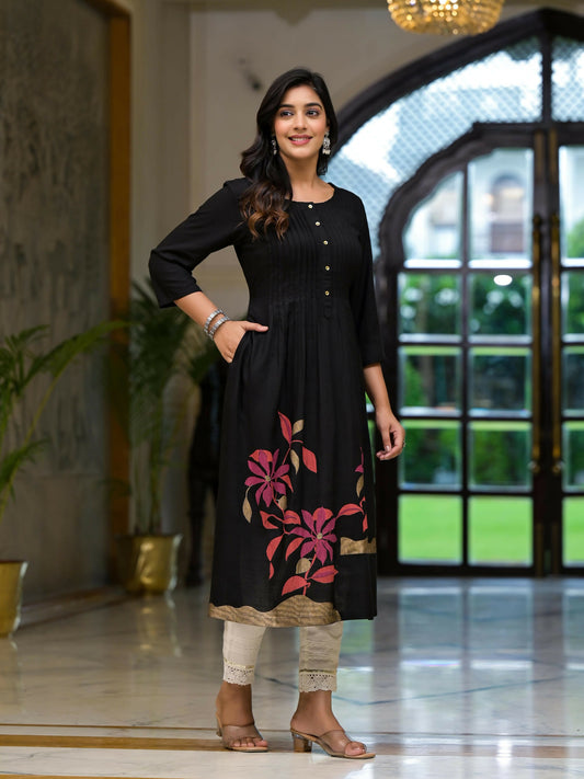 Juniper Women's Black Floral Printed Rayon Kurta With Button Closure - Swadesiicart