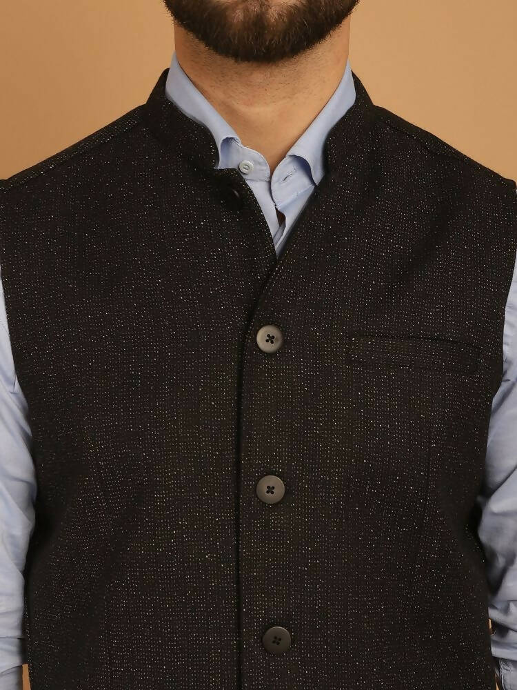 Even Apparels Pure Wool Nehru Jacket - Black | Swadesiicart