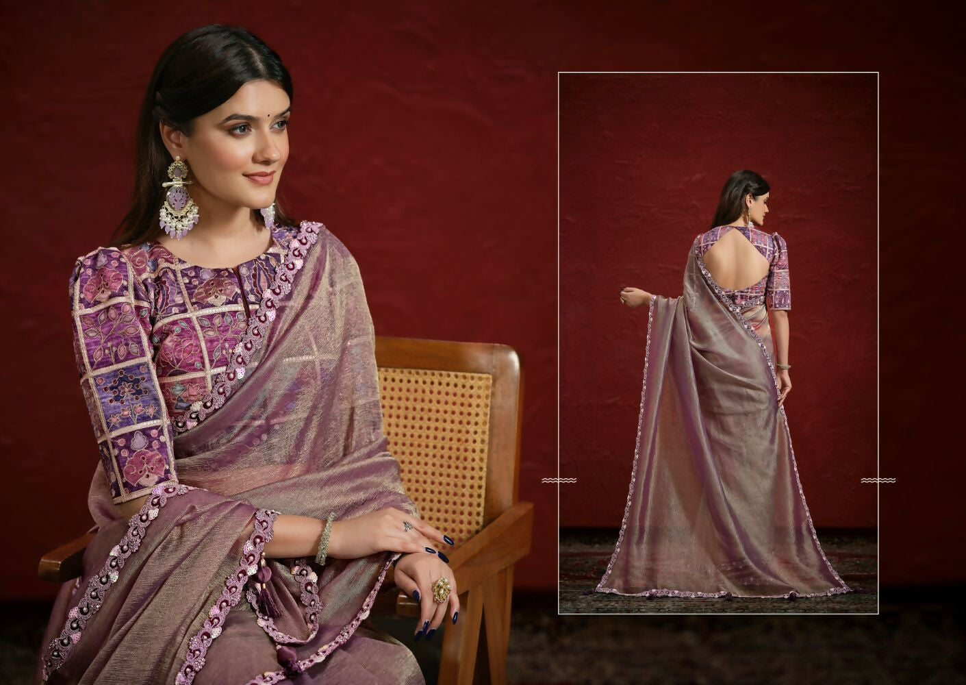 Purple Pure Banarasi Jari Crinkle Sequence with Handwork Saree with Stitched Blouse - Mohmanthan Aaina | Swadesiicart