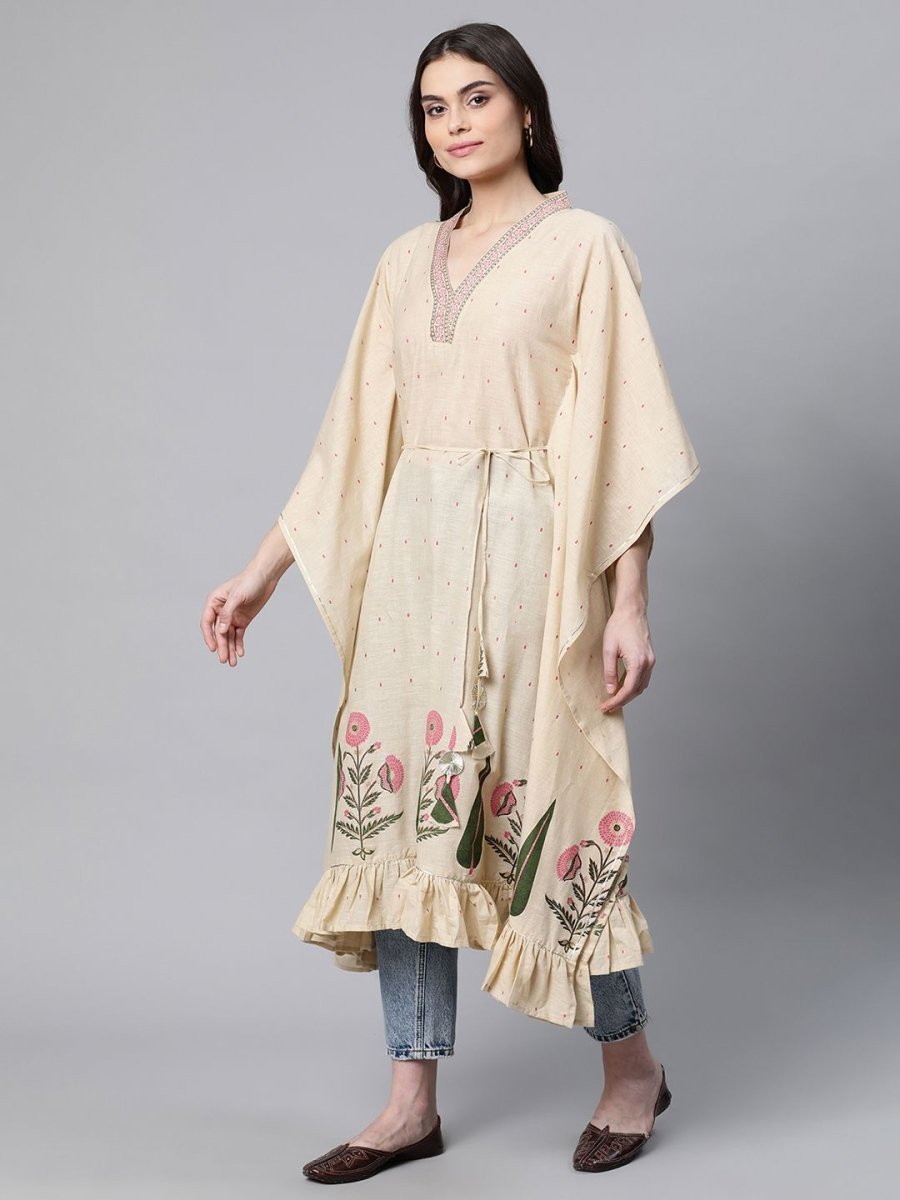 Ahalyaa Women Beige Pure Cotton Floral Printed Kaftan Kurta | Swadesiicart