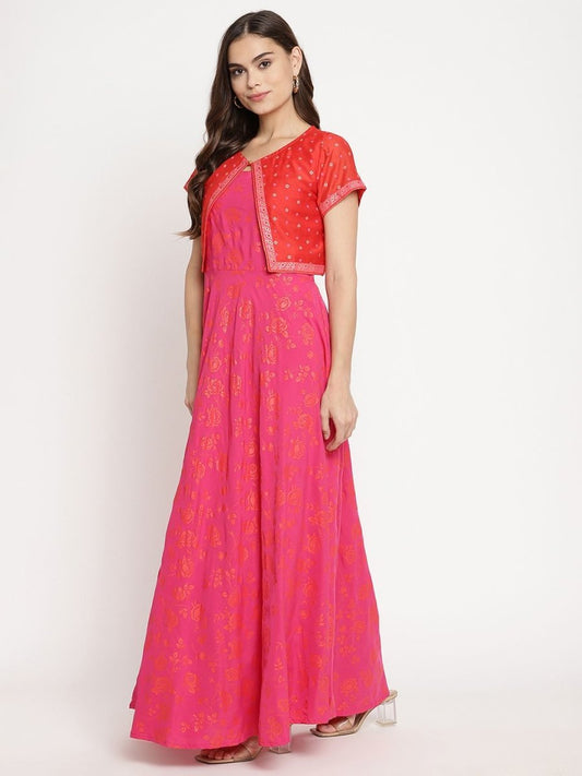 Ahalyaa Pink Crepe Orange khari Print Kurta with Jacket | Swadesiicart