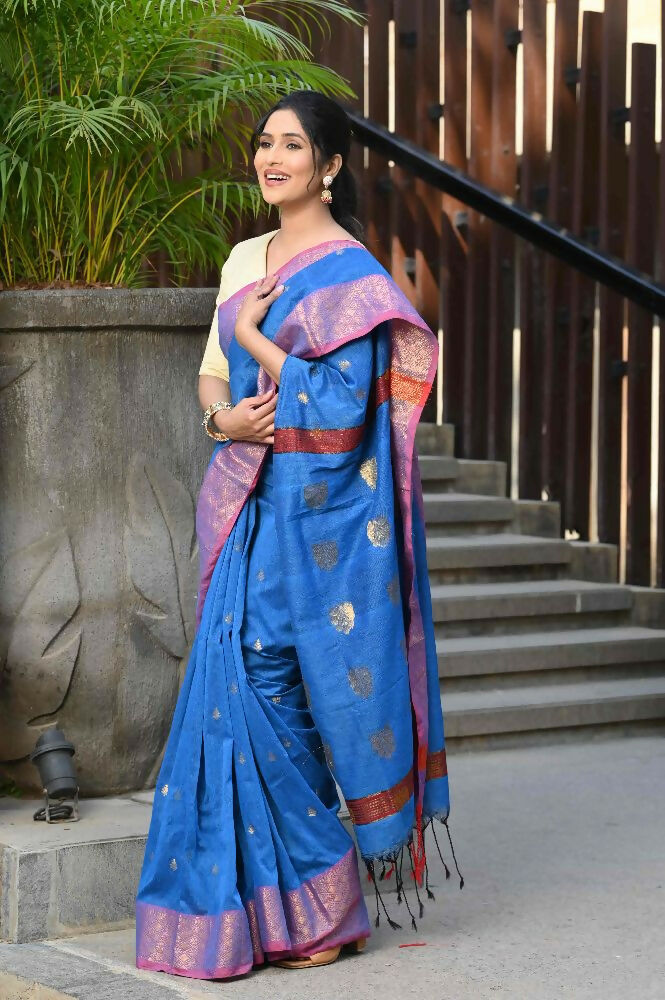 Beatitude Blue Cotton Banarasi Saree | Swadesiicart