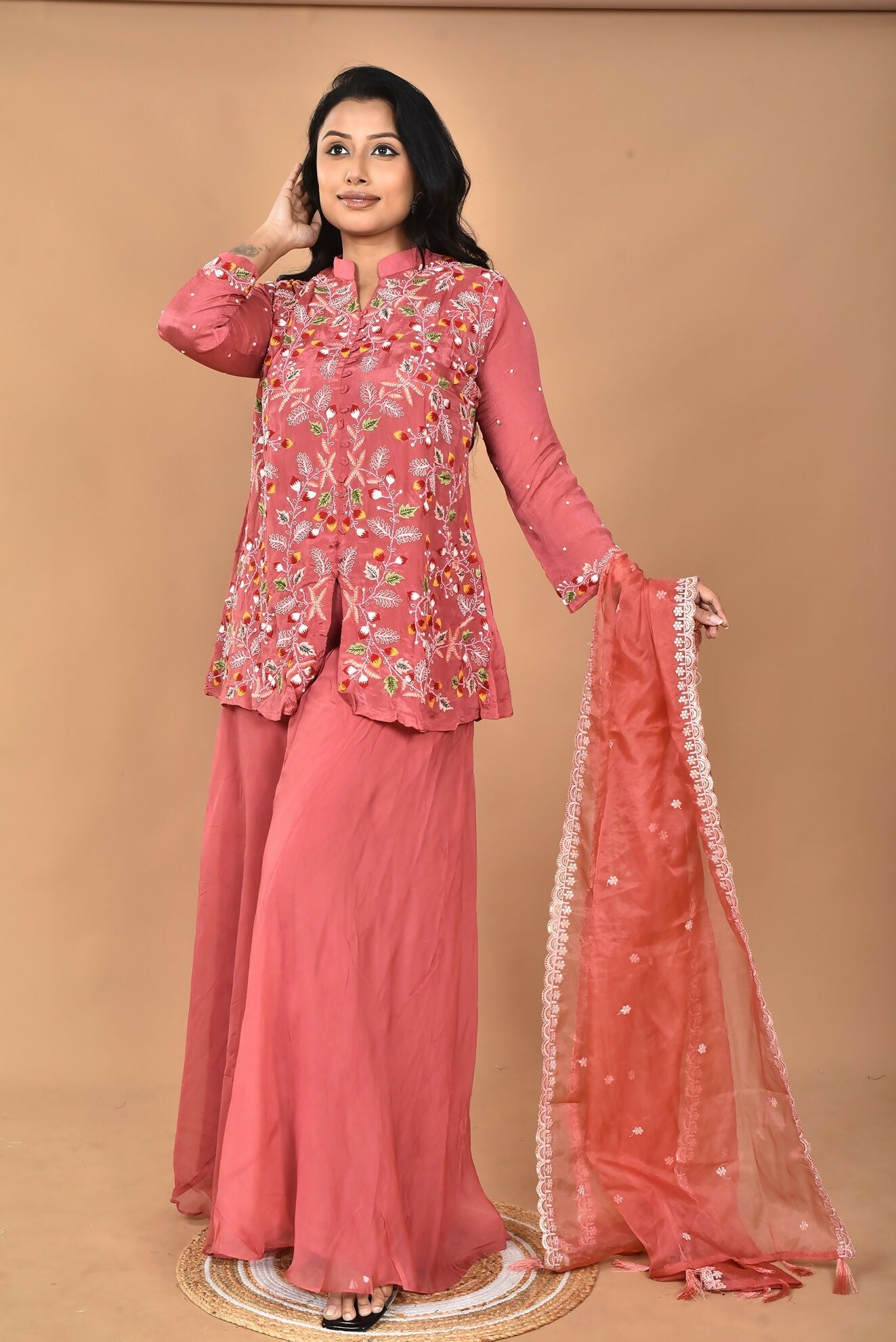 Morchari Women And Hand Embroidery Palazzo Set-Rust - Swadesiicart