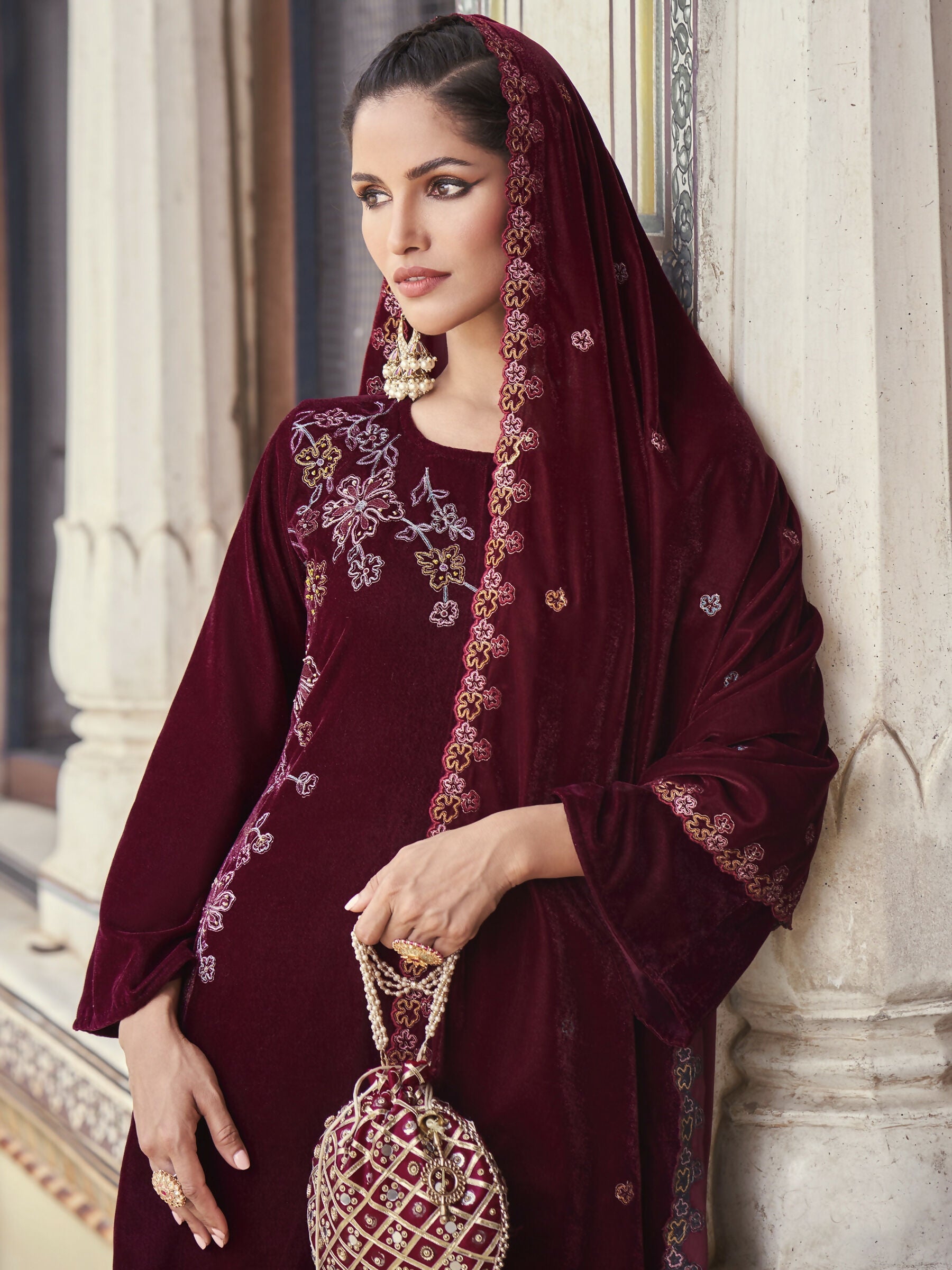 Jyoti Fashion Women's Maroon Velvet Resham Thread with Jari & Sequin Kurta with Trouser & Dupatta | Swadesiicart
