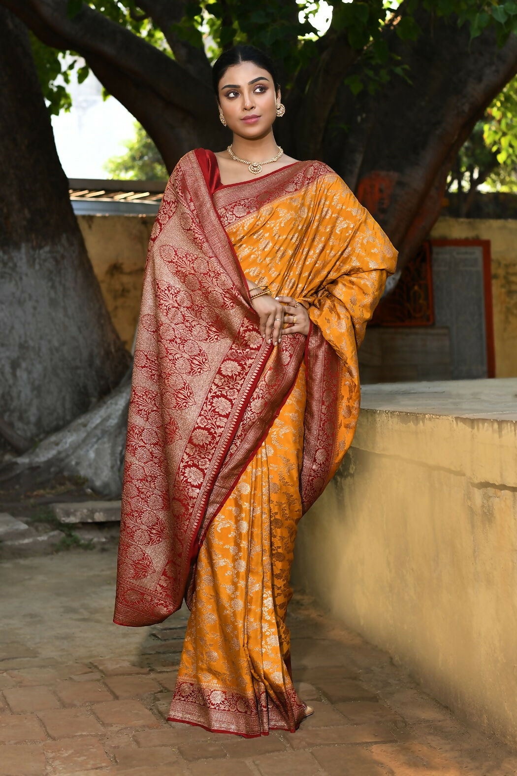Joban Fashion Gold Crepe Chiffon Pure Handloom Banarasi Silk Saree | Swadesiicart
