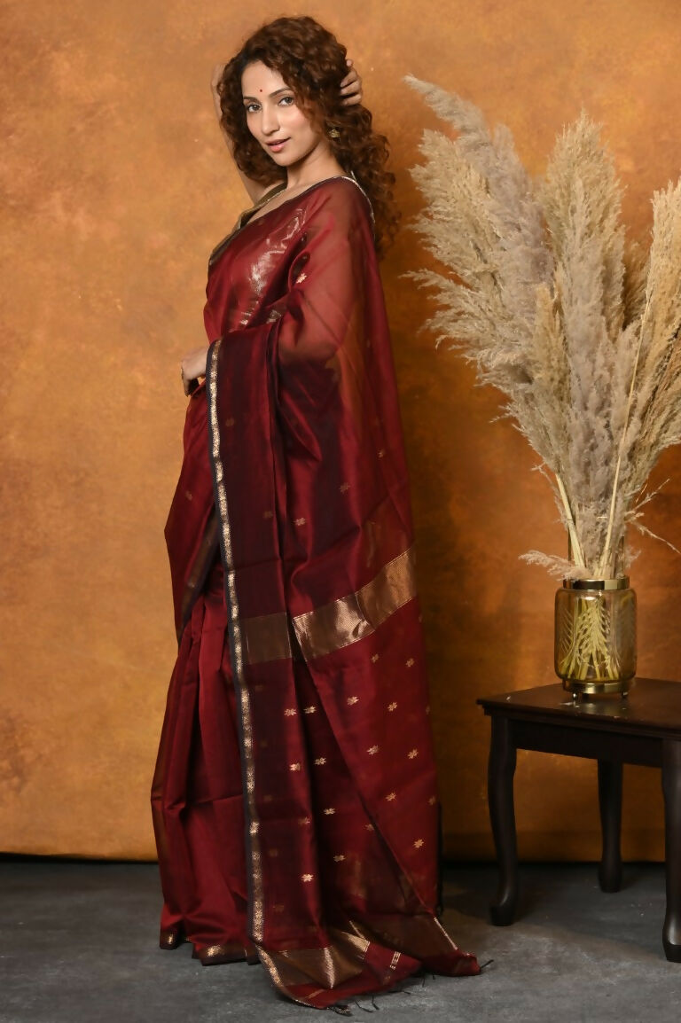 Very Much Indian Handloom Pure Cotton Silk Saree With Sleek Golden Border - Maroon | Swadesiicart