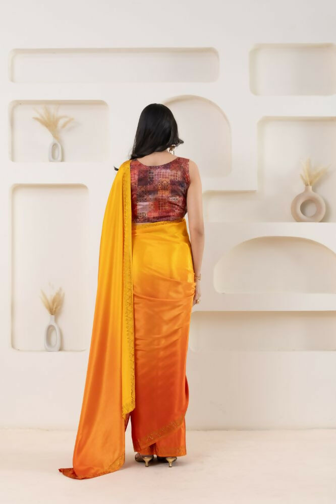 Yellow Satin Pedding Designer, Printed Party Wear Ready To Wear Saree - Femina | Swadesiicart