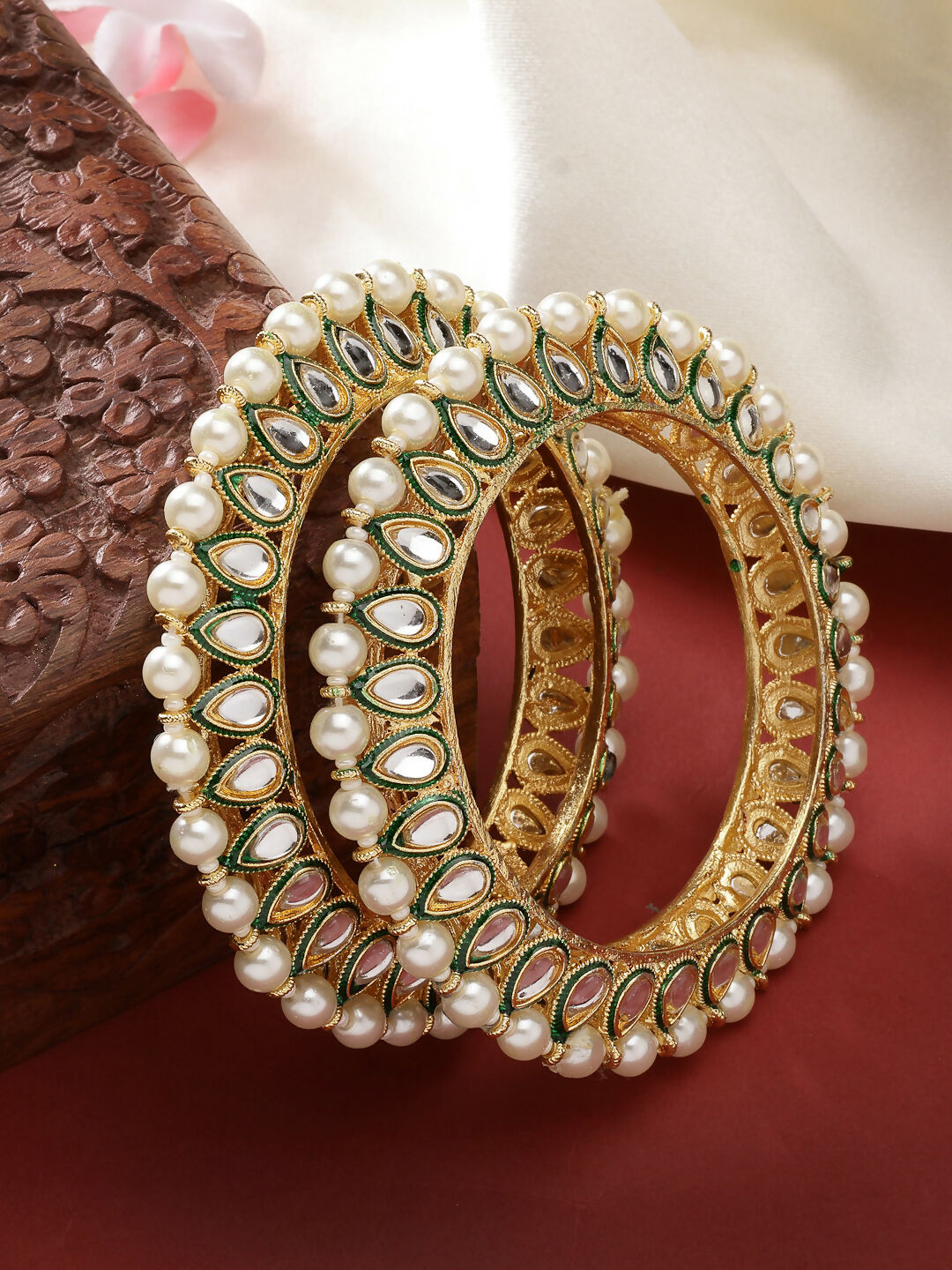 NVR Women's Set Of 2 Gold-Polished Kundan-Studded & Pearls-Beaded Bangles - Swadesiicart
