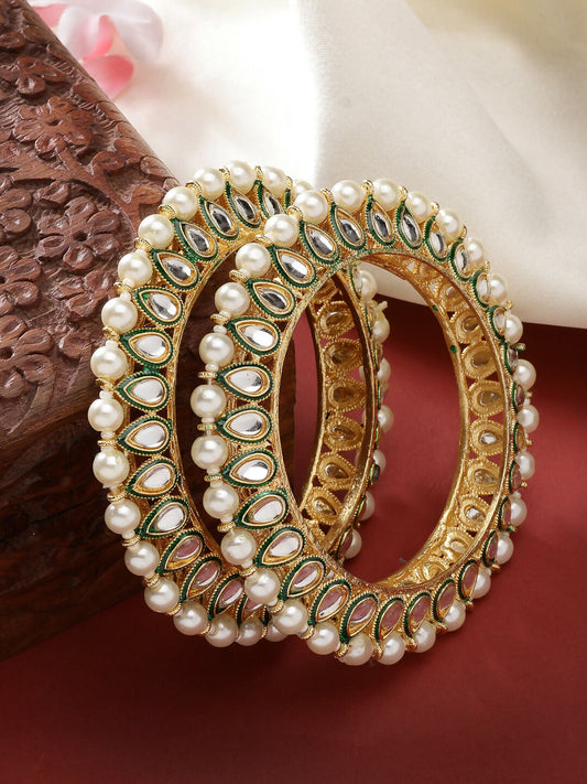 NVR Women's Set Of 2 Gold-Polished Kundan-Studded & Pearls-Beaded Bangles - Swadesiicart