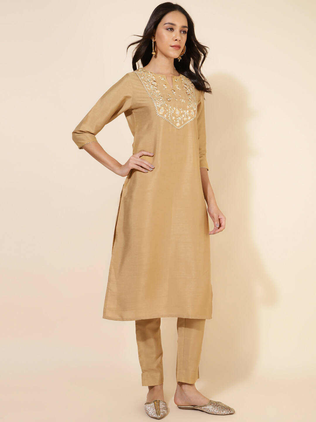 Janasya Women's Gold Crepe Silk Yoke Embroidery Festive Straight Kurta Set | Swadesiicart