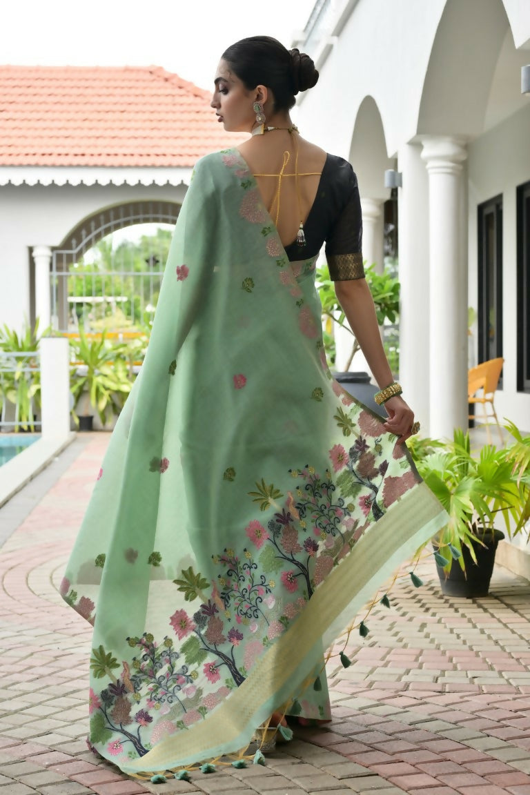 Vishnu Weaves Women's Sea-Green Muga Cotton Thread Weaving Saree with Blouse - Swadesiicart