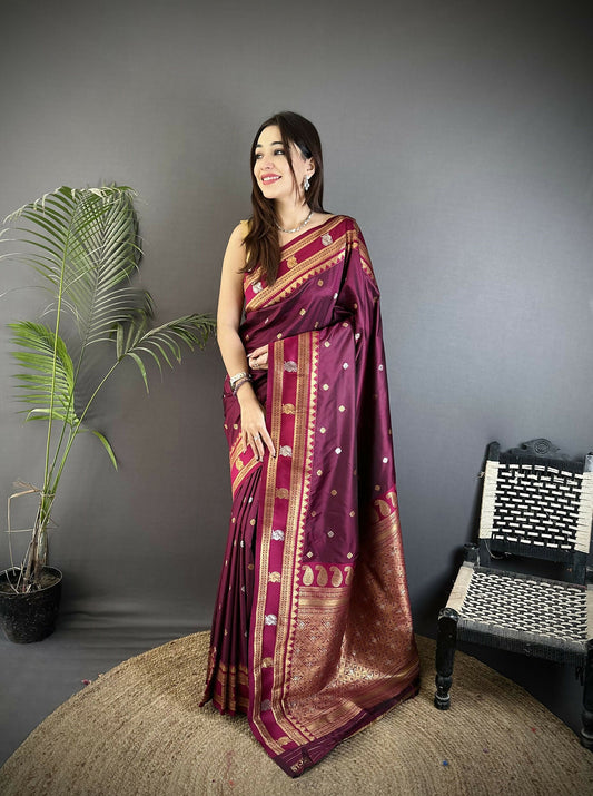 Joban Fashion Maroon Banarasi Soft Silk Woven Saree | Swadesiicart