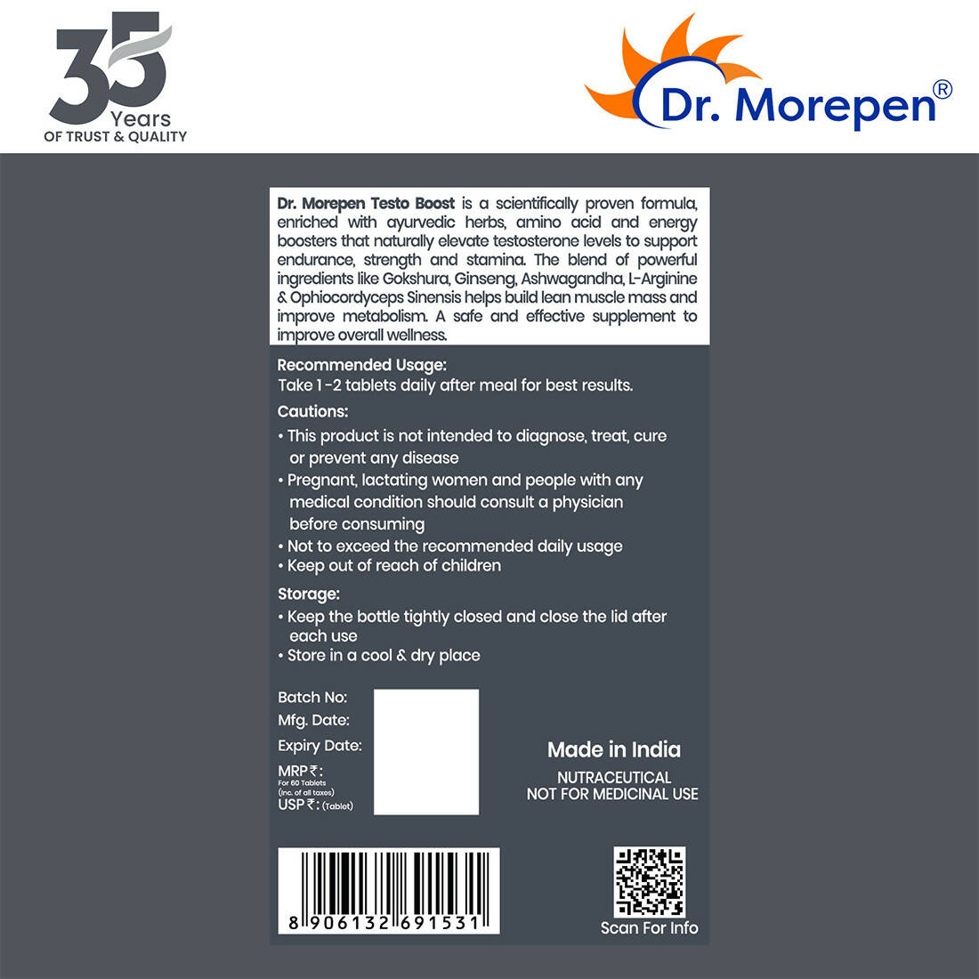 Dr. Morepen Testo Boost For Men | Increases Energy Stamina & Muscle Growth - Swadesiicart