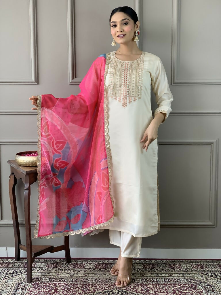 White Viscose Chanderi Stitched Suit With Dupatta - Tanisha | Swadesiicart