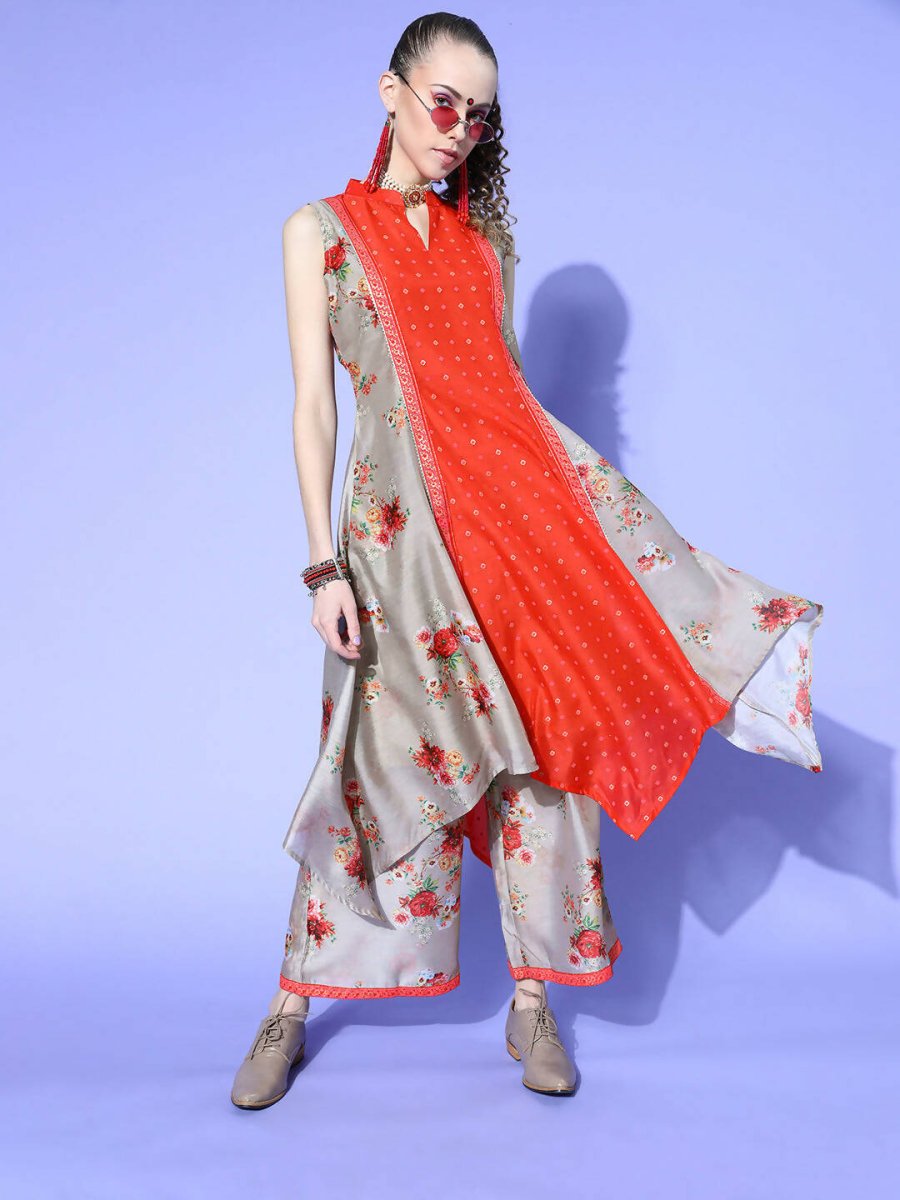 Ahalyaa Women Beige Colour Chanderi Digital Printed Kurta Palazzo Set | Swadesiicart