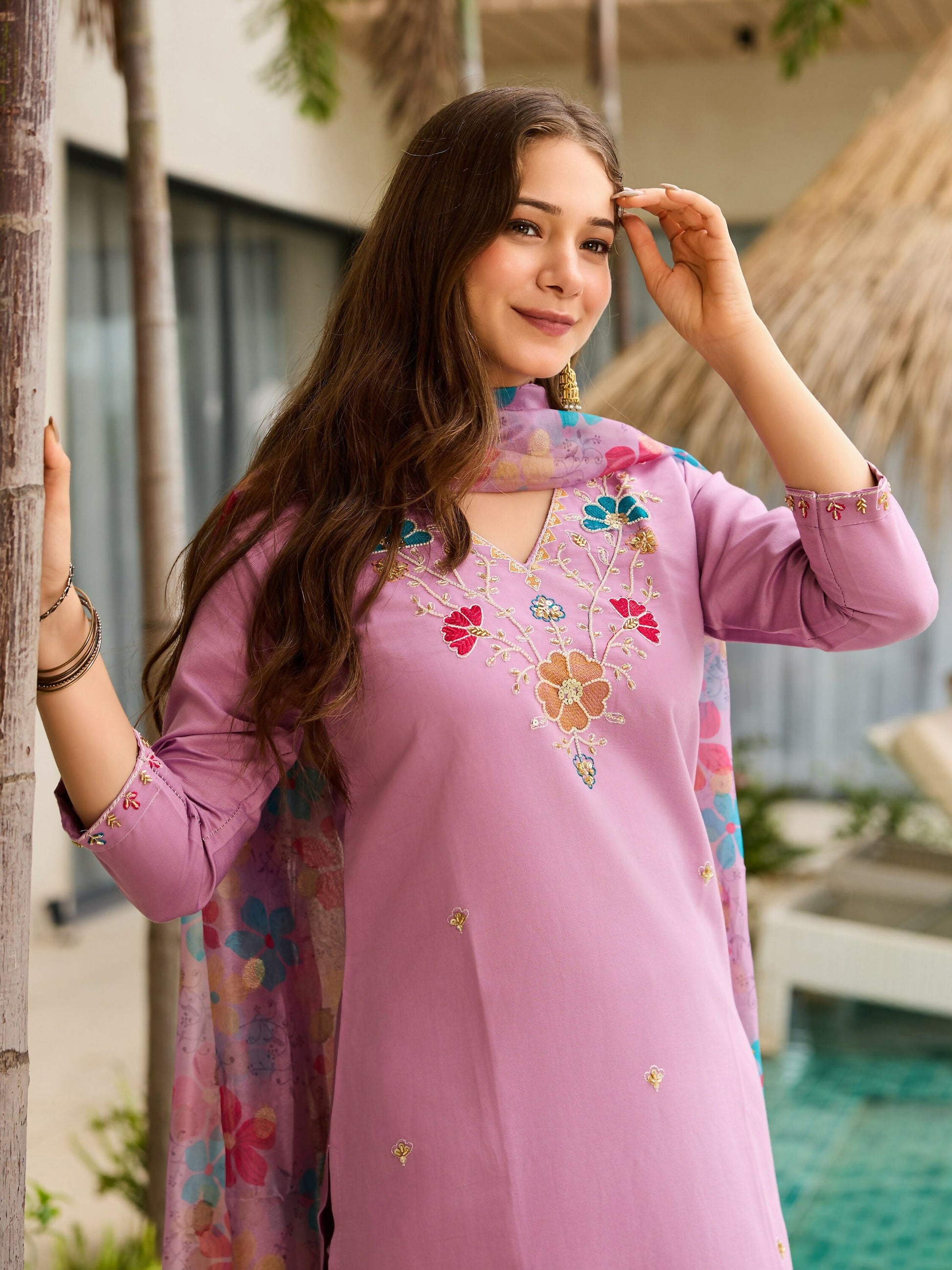 The52 Lavender Women's Gorgeous Embroidered work Viscose Gadhwal Fabric Straight Kurta, Pant and Dupatta Set - Swadesiicart