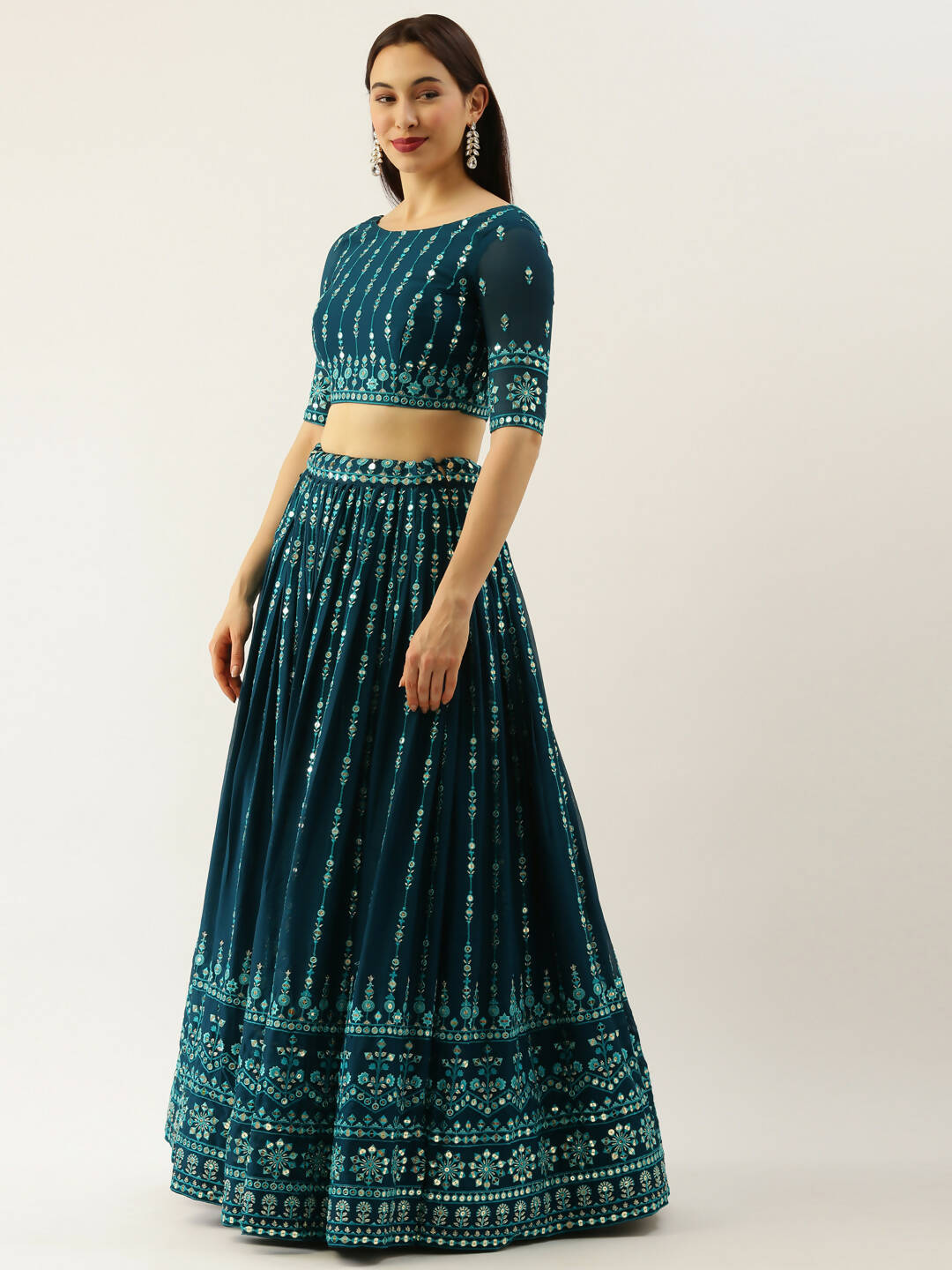 House of Panchhi Women Teal Georgette Sequins Work Lehenga & Blouse with Dupatta | Swadesiicart