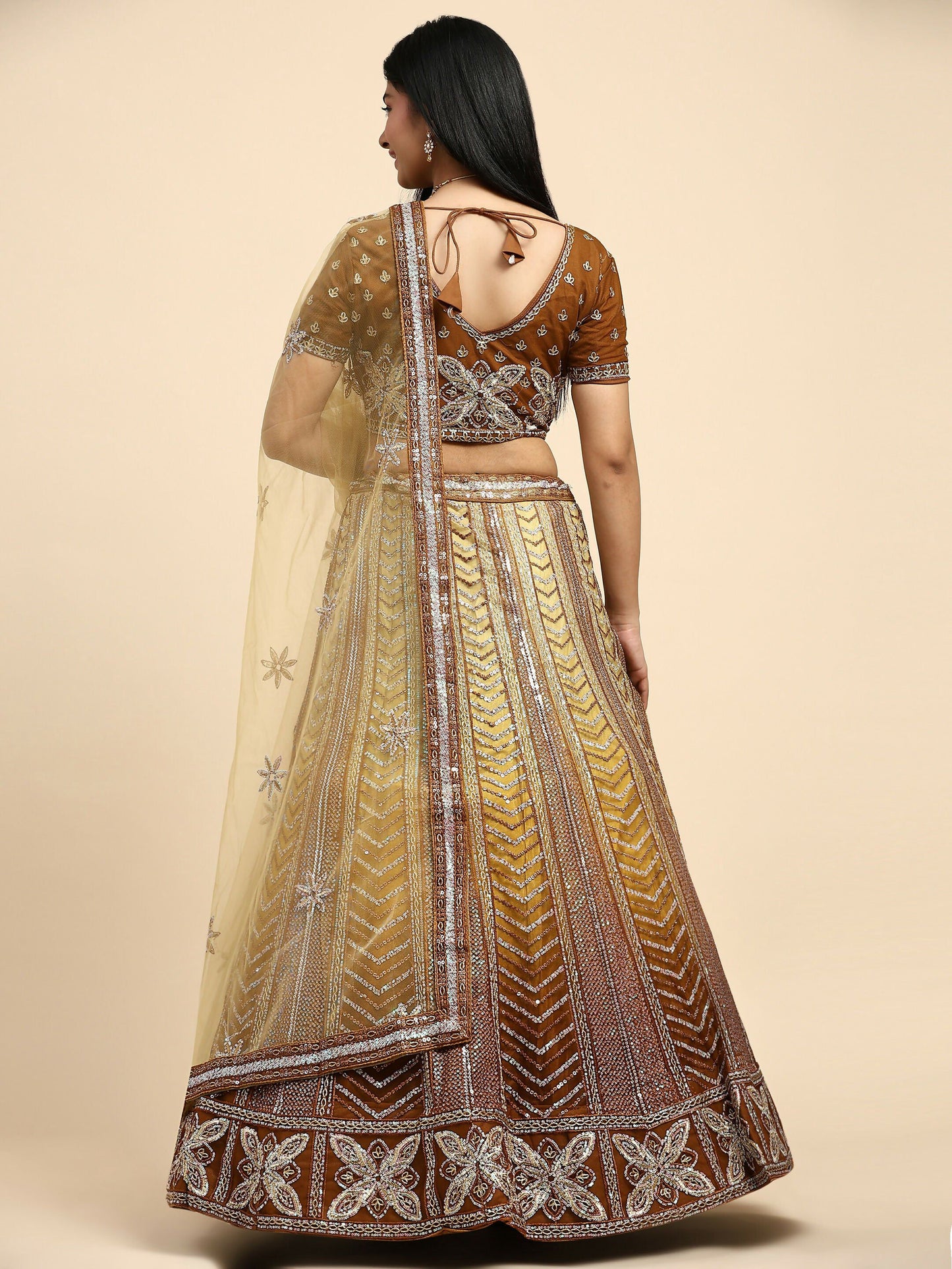 Brown Fancy Net Sequence Embroidered Lehenga Choli with Dupatta - Dhara | Swadesiicart