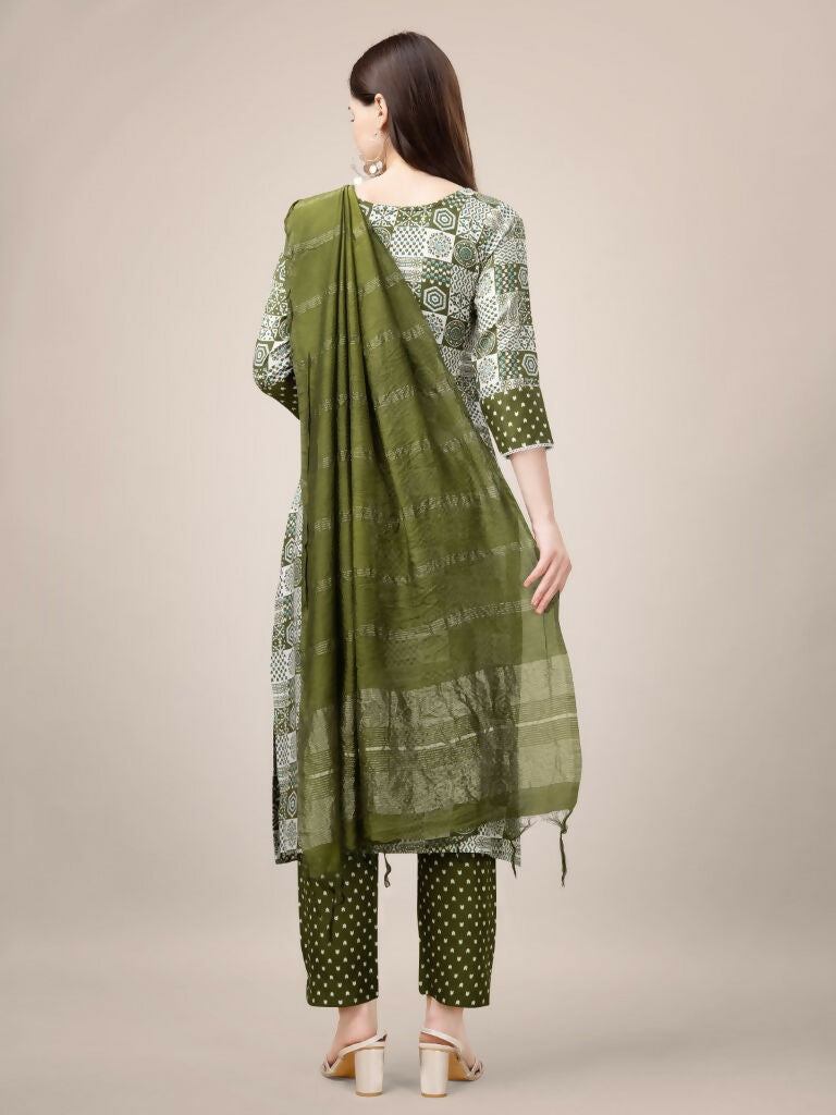 Jyoti Fashion Women's Mehendi Rayon Print with Embroidery & Fancy Lace Work Kurta with Trouser & Dupatta | Swadesiicart