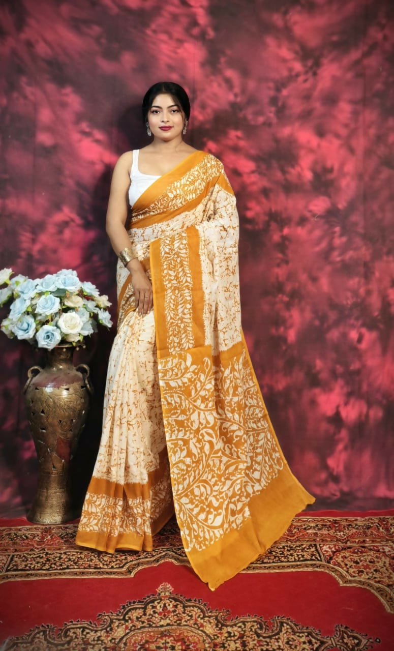 Exclusive Collection Beautiful Batique Print Yellow Pure Cotton Hand Print Handloomsaree With Running Blouse Piece - Swadesiicart