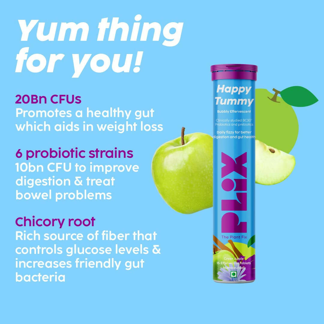 PLIX The Plant Fix Happy Tummy Pre+Probiotic Effervescent Tablets - Green Apple - Swadesiicart