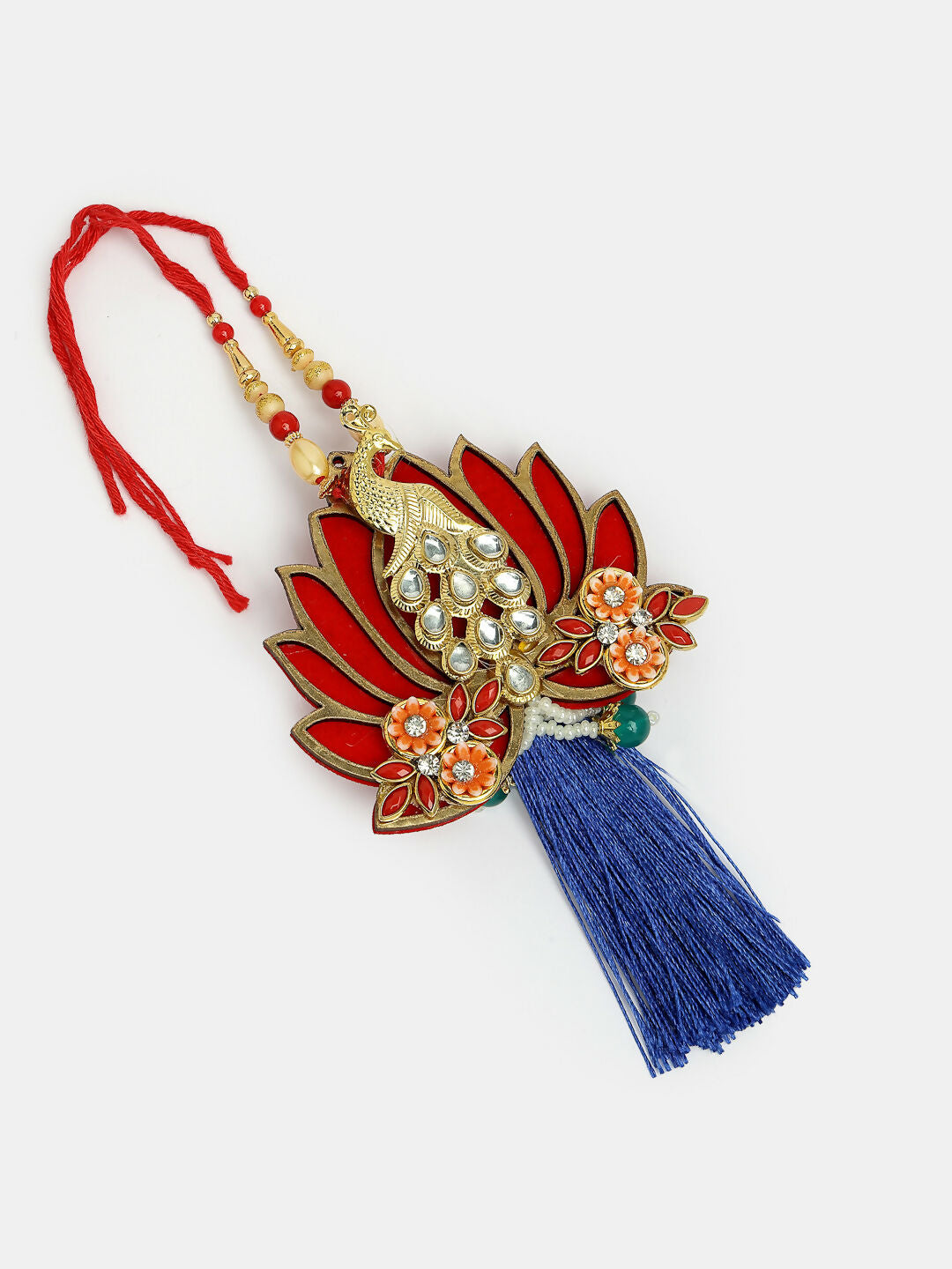 NVR Women & Men Set of 2 Gold-Toned Peacock Design Stone-Studded Bhaiya Bhabhi Rakhi With Roli Chawal | Swadesiicart