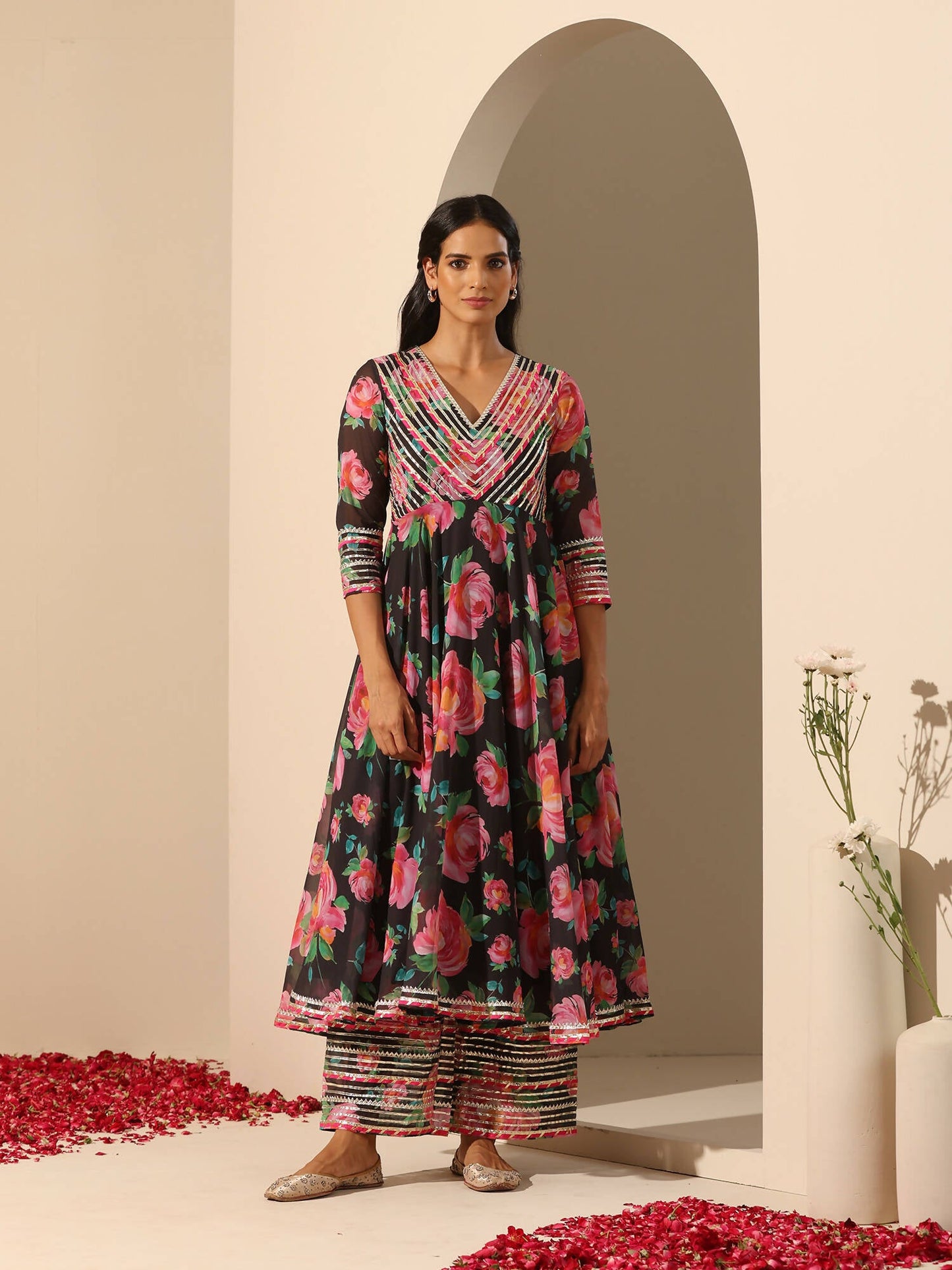 Pomcha Jaipur Black Gul Gulab Anarkali Set | Swadesiicart