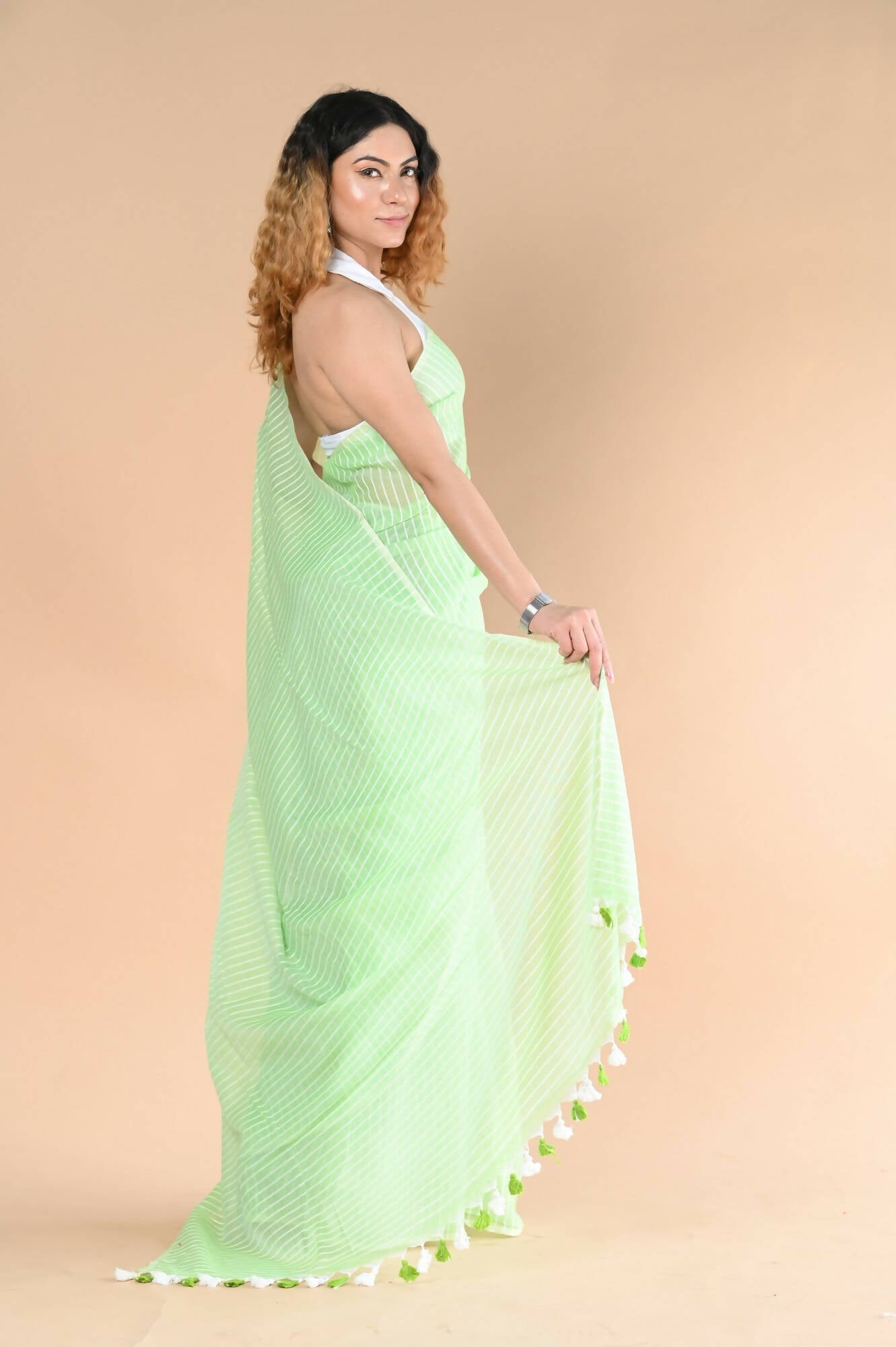 Very Much Indian Designer Pure Cotton Saree With All Over Linear Stripes - Fern Green | Swadesiicart