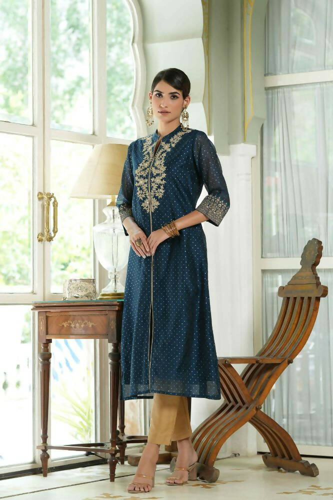 Juniper Blue Chanderi Festive Embroidered Polka Dot Printed A-Line Kurta For Women | Swadesiicart