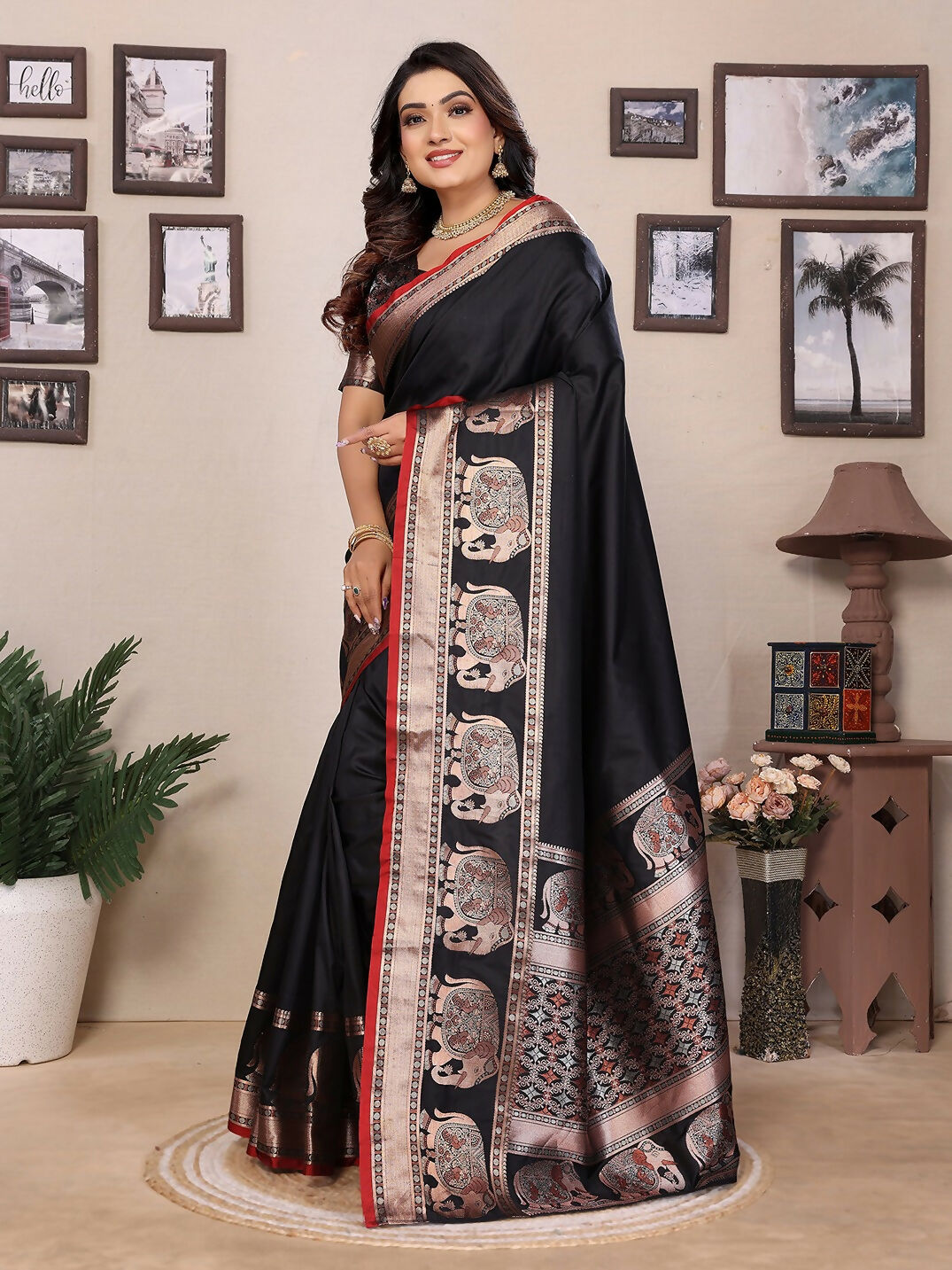 Joban Fashion Black Solid Banarasi Silk Sarees | Swadesiicart