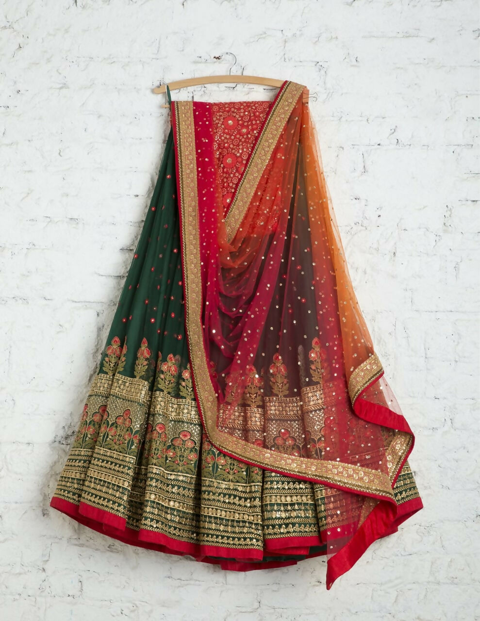 Jyoti Fashion Red & Bottle Green Thread & 3mm Sequence Embroidery Georgette Lehenga Choli with Dupatta | Swadesiicart